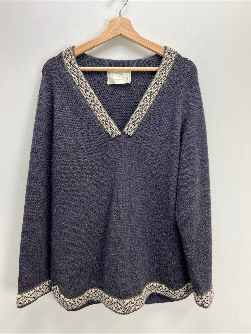 Vintage Rey Wear Merino Wool Sweater Made In Peru Blue V Neck Womens Large
